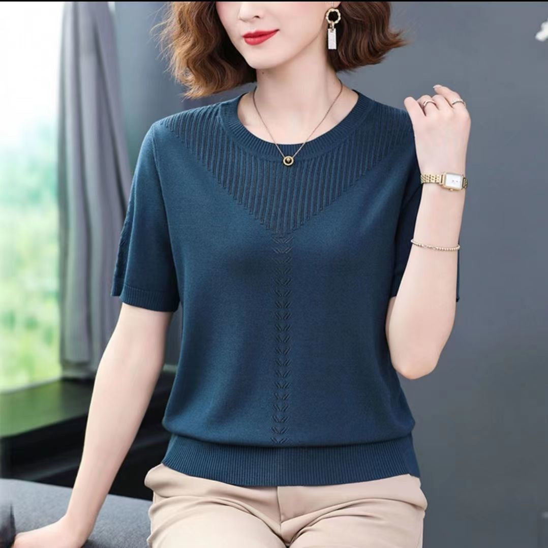 Silk Short Sleeve Round Neck Knitted Shirt - Fastbizstore