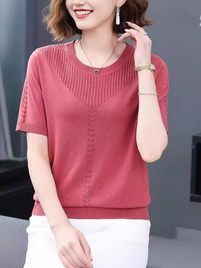 Silk Short Sleeve Round Neck Knitted Shirt - Fastbizstore