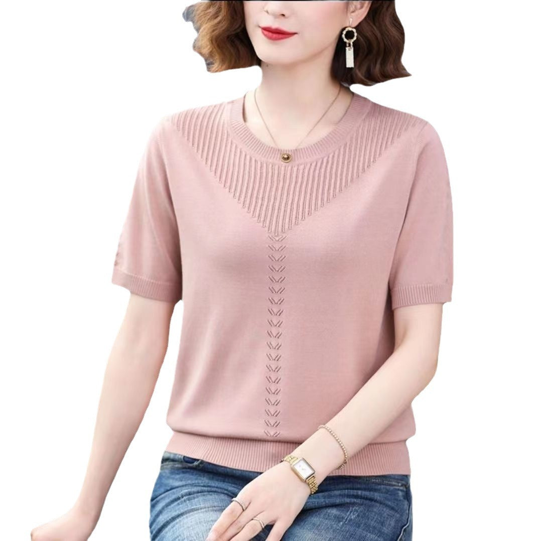 Silk Short Sleeve Round Neck Knitted Shirt - Fastbizstore